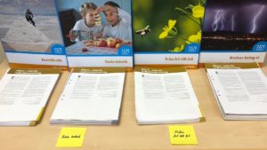 Fyra olika temapärmar står uppställda på ett bord. Framför pärmarna ligger alternativa arbetsblad som ger stöd för individanpassning.