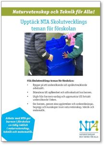 Framsidan av folder om NTA Skolutvecklings teman för förskolan.
På framsidan är ett foto av två barn som öppnar en blå NTA-låda.